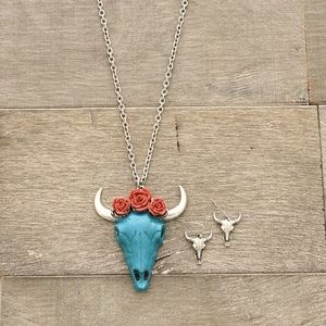 Turquoise Steer Rose Necklace and Earring set
